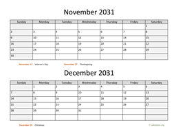 November and December 2031 Calendar