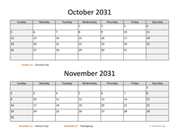 October and November 2031 Calendar