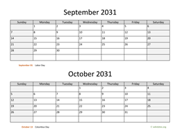 September and October 2031 Calendar