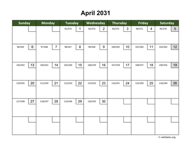 April 2031 Calendar with Day Numbers