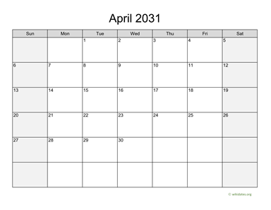 April 2031 Calendar with Weekend Shaded