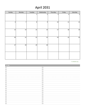 April 2031 Calendar with To-Do List