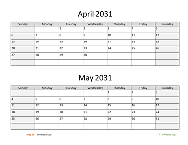 April and May 2031 Calendar Horizontal