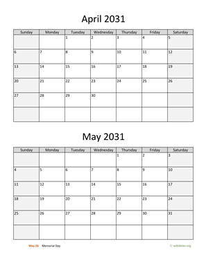 April and May 2031 Calendar Vertical