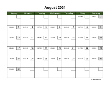 August 2031 Calendar with Day Numbers