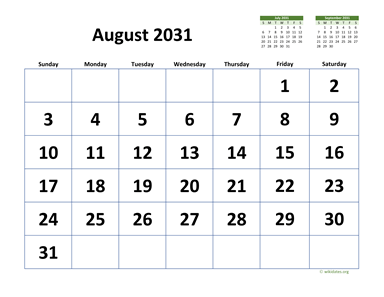August 2031 Calendar with Extra-large Dates