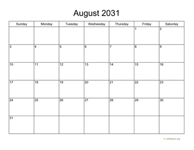 Basic Calendar for August 2031