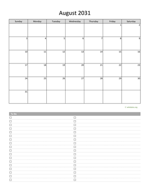 August 2031 Calendar with To-Do List