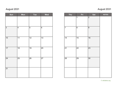 August 2031 Calendar on two pages