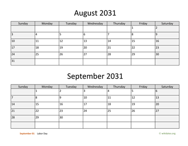 August and September 2031 Calendar Horizontal