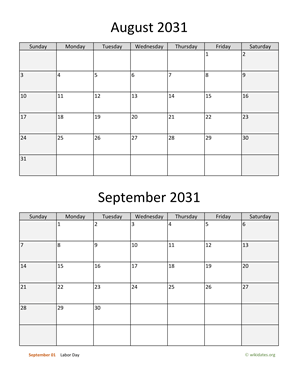 August and September 2031 Calendar Vertical