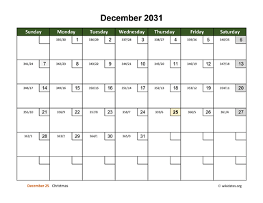 December 2031 Calendar with Day Numbers