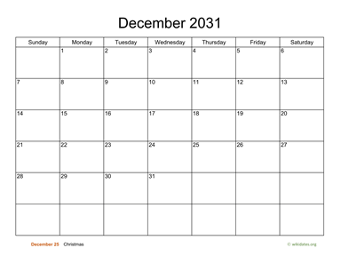 Basic Calendar for December 2031