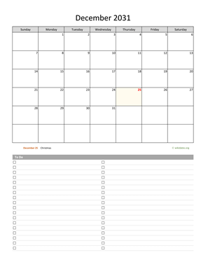 December 2031 Calendar with To-Do List