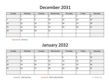 December 2031 and January 2032 Calendar Horizontal