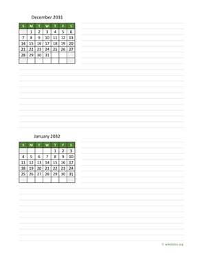 December 2031 and January 2032 Calendar with Notes