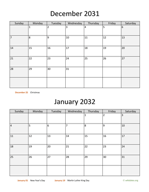 December 2031 and January 2032 Calendar Vertical