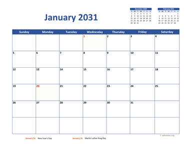 January 2031 Calendar Classic