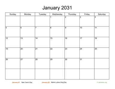 Basic Calendar for January 2031