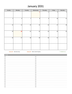 January 2031 Calendar with To-Do List | WikiDates.org