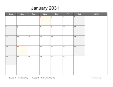 January 2031 Calendar with Notes