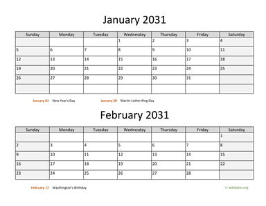 January and February 2031 Calendar Horizontal