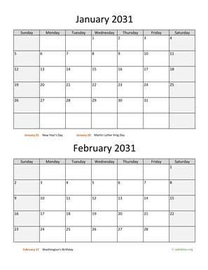 January and February 2031 Calendar Vertical