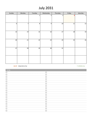 July 2031 Calendar with To-Do List