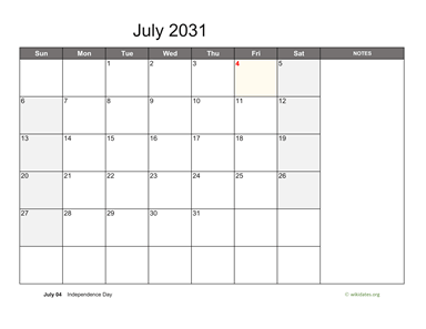 July 2031 Calendar with Notes