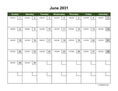 June 2031 Calendar with Day Numbers