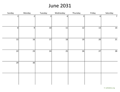 June 2031 Calendar with Bigger boxes