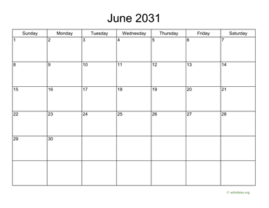 Basic Calendar for June 2031 | WikiDates.org