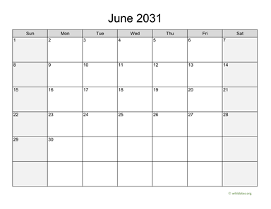 June 2031 Calendar with Weekend Shaded
