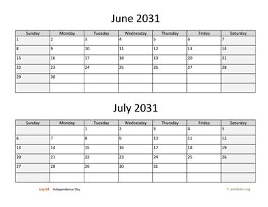 June and July 2031 Calendar Horizontal