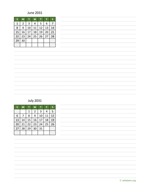 June and July 2031 Calendar with Notes
