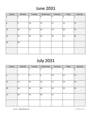 June and July 2031 Calendar Vertical