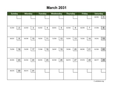 March 2031 Calendar with Day Numbers
