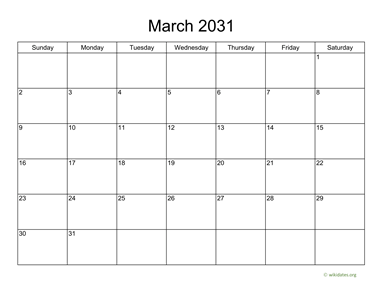 Basic Calendar for March 2031