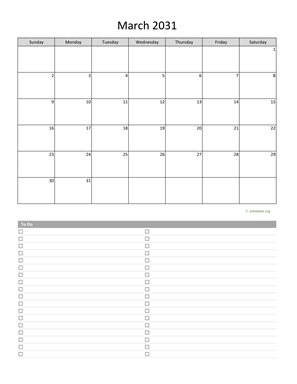 March 2031 Calendar with To-Do List