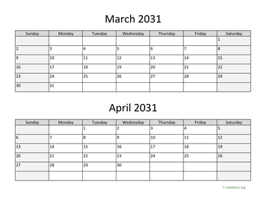 March and April 2031 Calendar Horizontal