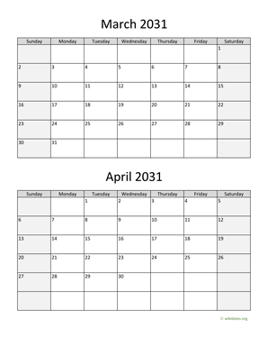March and April 2031 Calendar Vertical