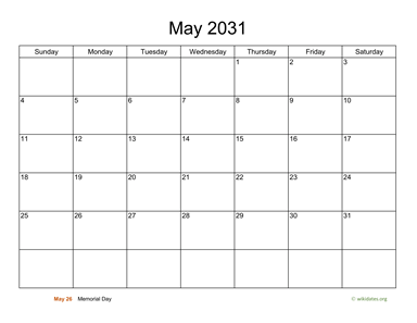 Basic Calendar for May 2031