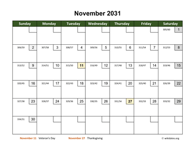 November 2031 Calendar with Day Numbers