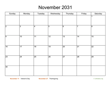 Basic Calendar for November 2031