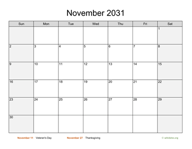 November 2031 Calendar with Weekend Shaded