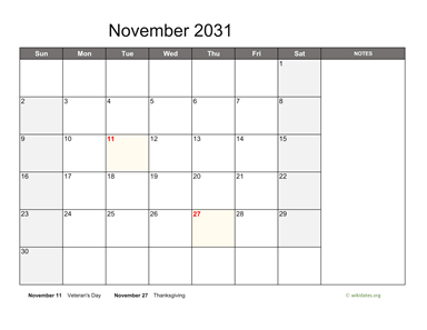 November 2031 Calendar with Notes