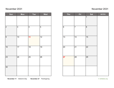 November 2031 Calendar on two pages