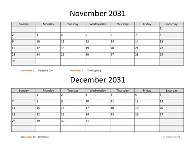 November and December 2031 Calendar Horizontal