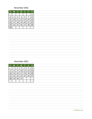 November and December 2031 Calendar with Notes