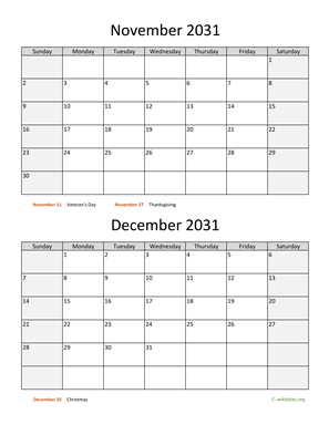 November and December 2031 Calendar Vertical